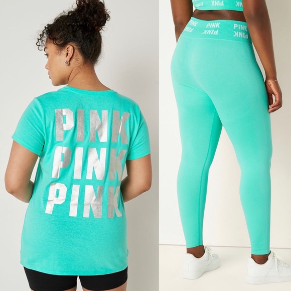 VS Pink 3-Piece SET Teal Ice Shine Perfect Tee With Seamless Leggings & Bra - Picture 5 of 16
